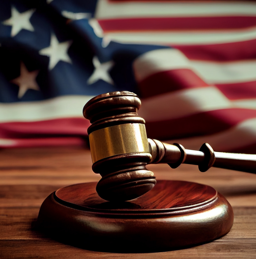American flag and judge’s gavel symbolizing justice and the U.S. legal system