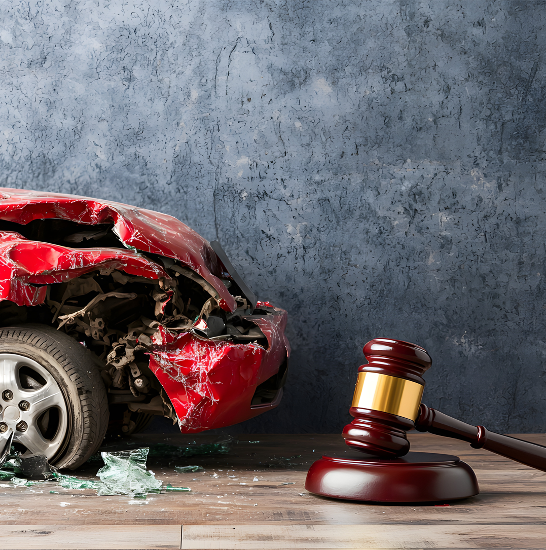 Damaged car and judge’s gavel symbolizing legal action after an auto accident