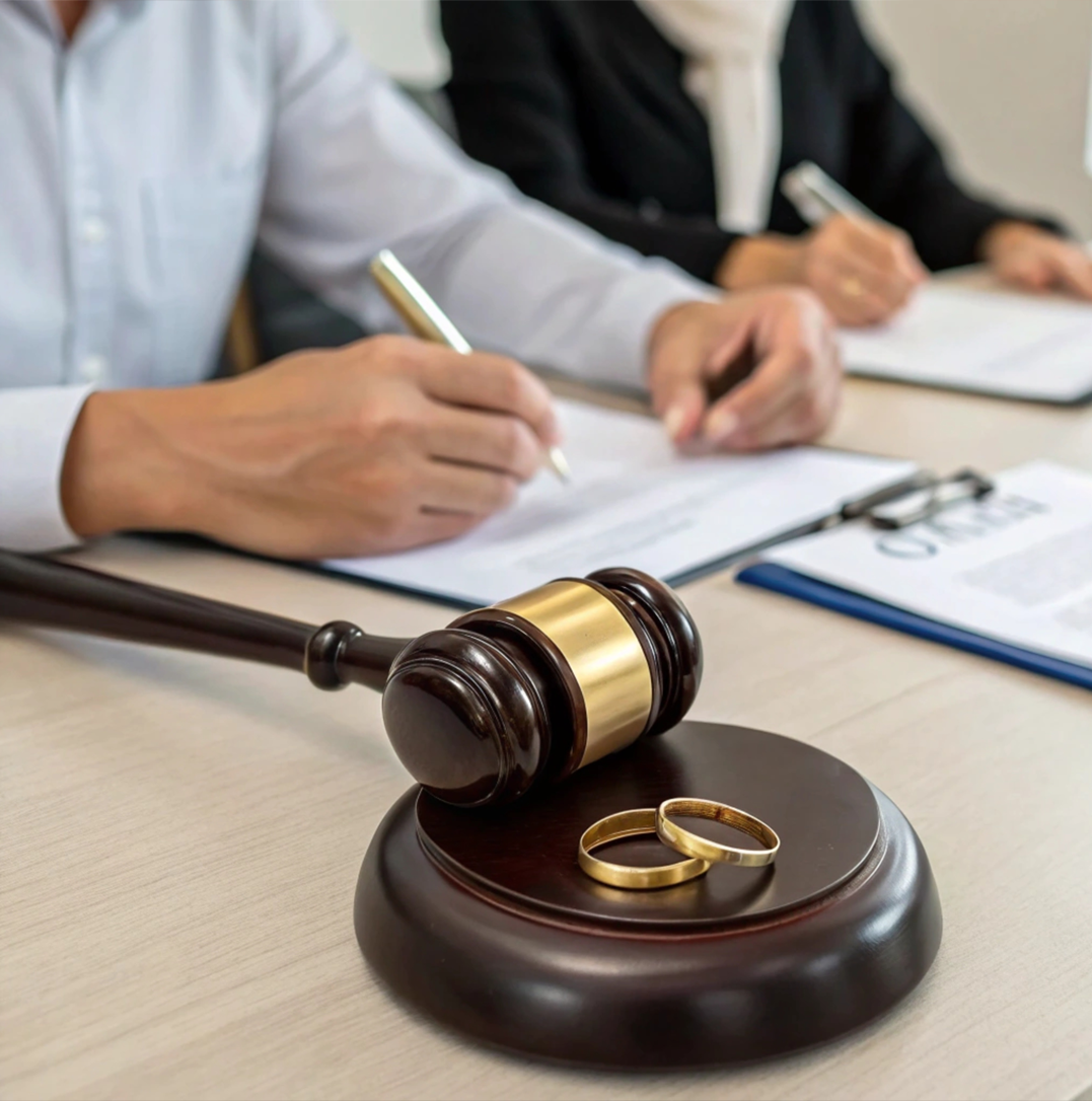 Couple meeting calmly with an attorney, discussing terms of a collaborative divorce