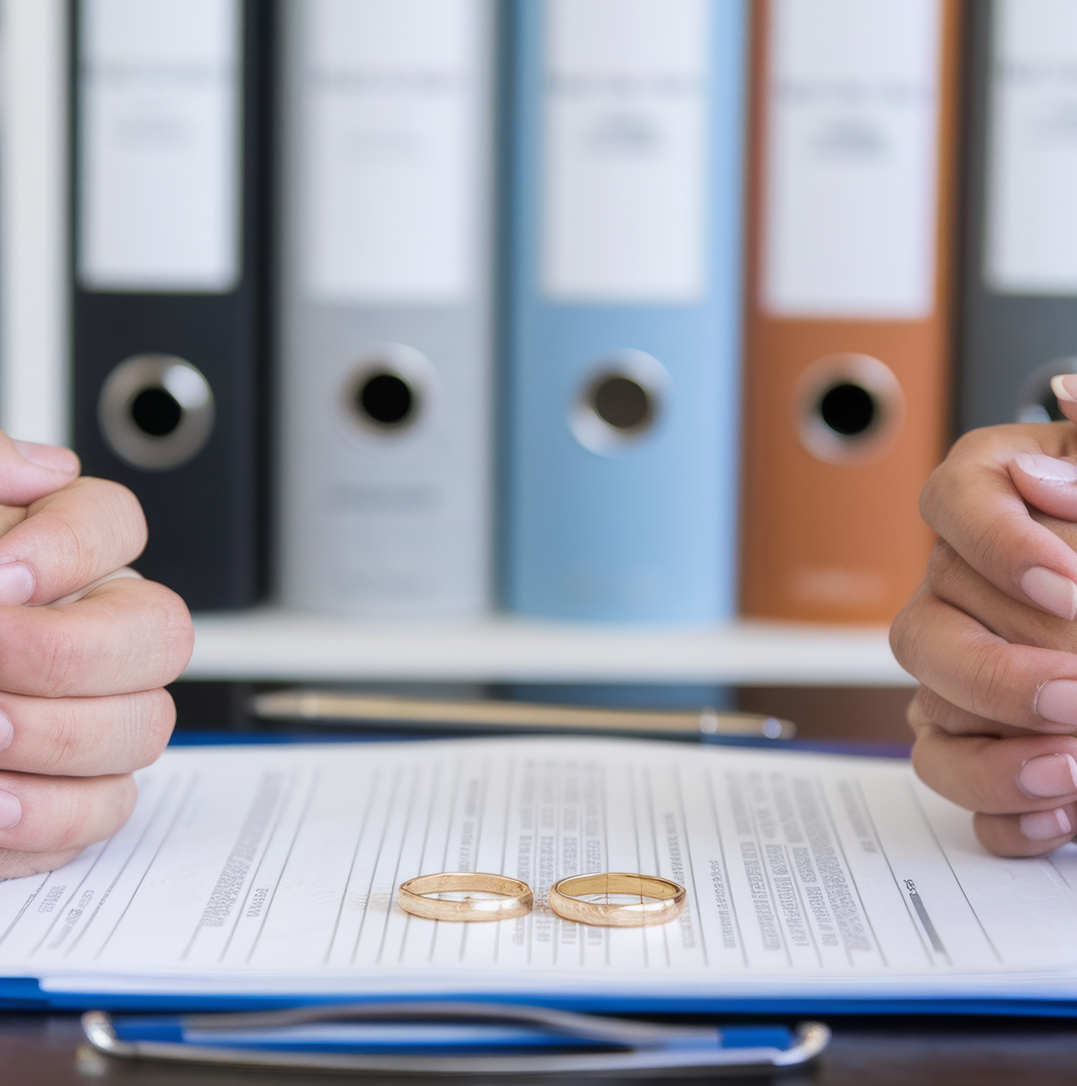 Man and woman arguing during a legal meeting, representing a contested divorce