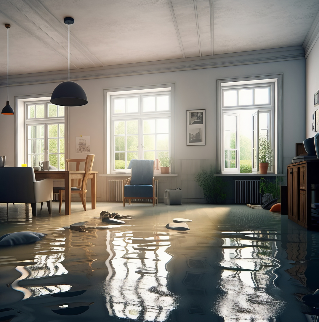 Flooded living room with standing water covering the floor and furniture