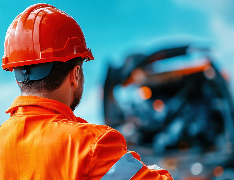 Factory worker in safety gear standing near machinery, representing industrial accident law
