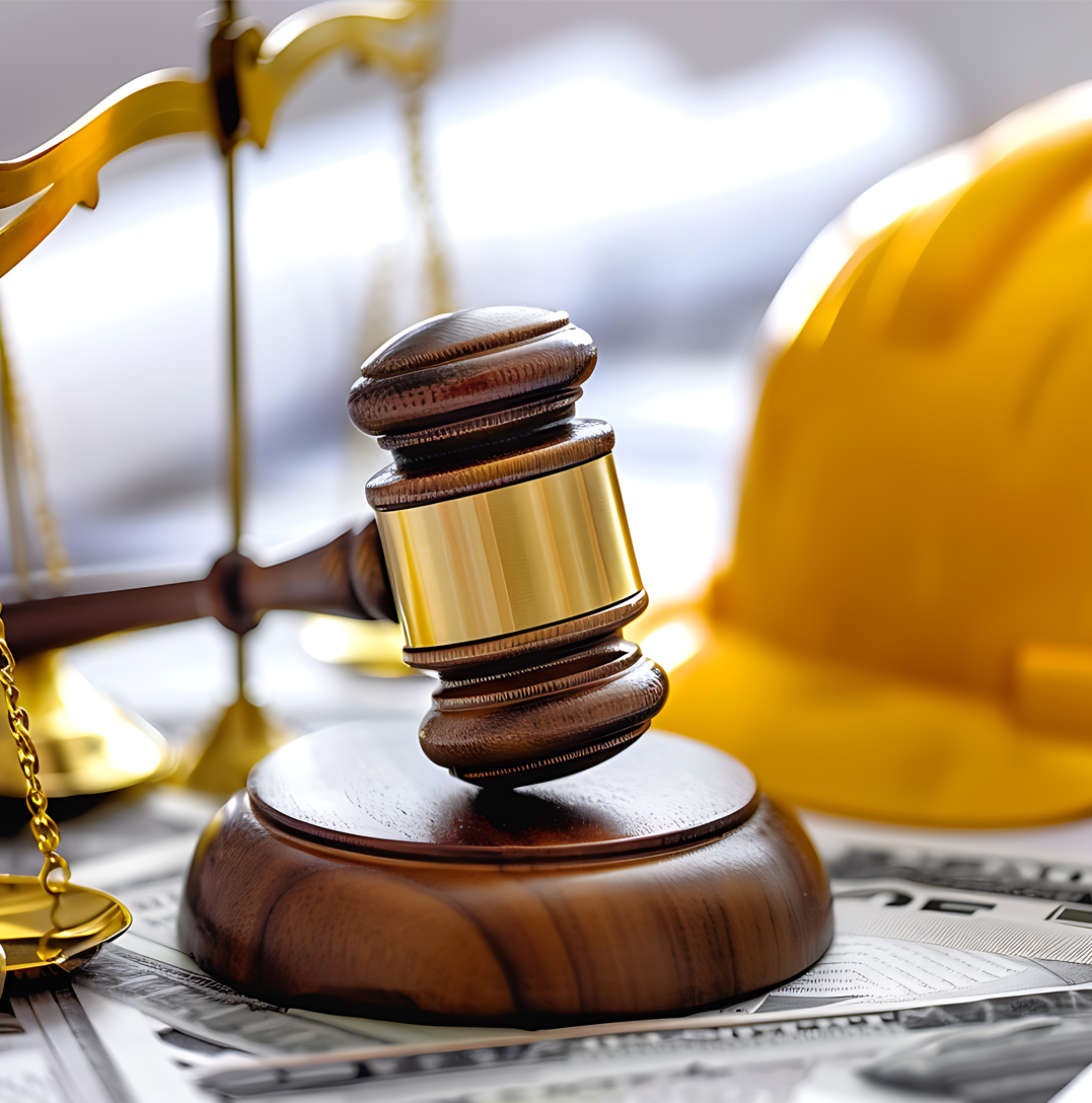 Construction helmet and judge’s gavel on a desk, representing legal action for workplace injuries