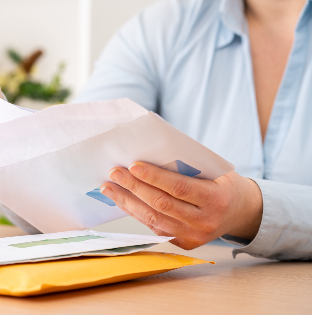 Close-up of a person opening an envelope, symbolizing potential mail fraud or legal correspondence