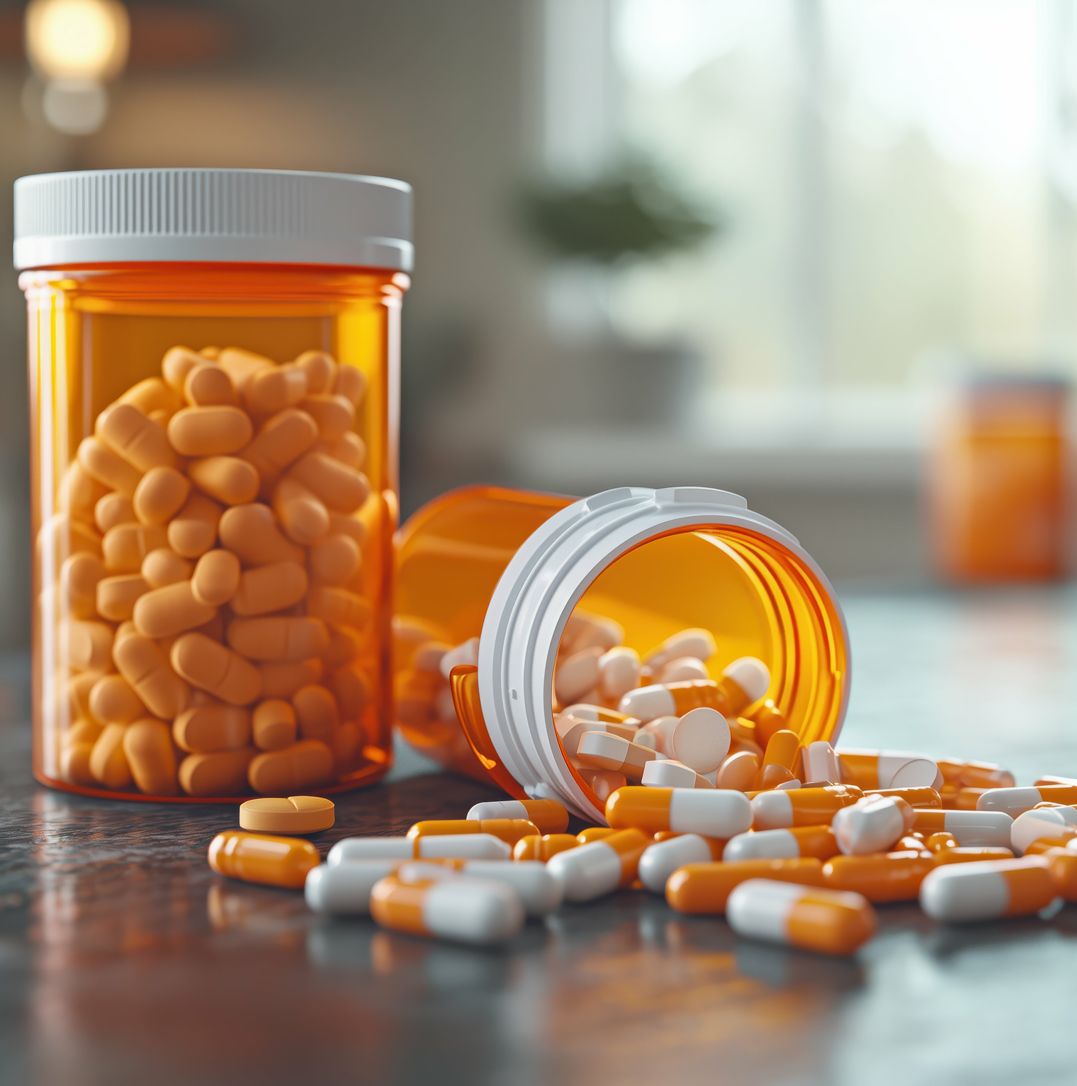 Close-up of a hand holding prescription pills with a prescription pad in the background, representing prescription fraud