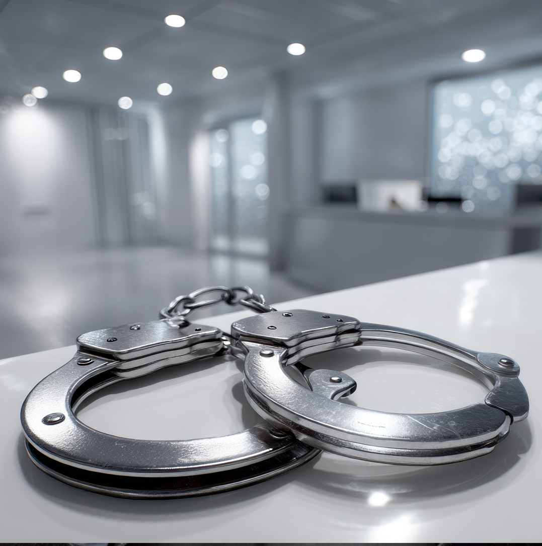 Close-up of handcuffs on a desk, symbolizing white collar crime investigations