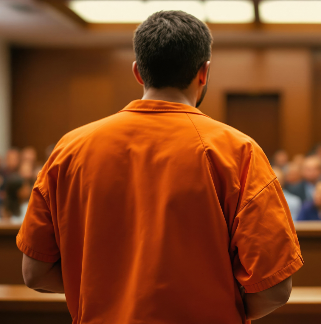 Inmate in an orange jumpsuit sitting behind jail bars, representing incarceration for wire fraud