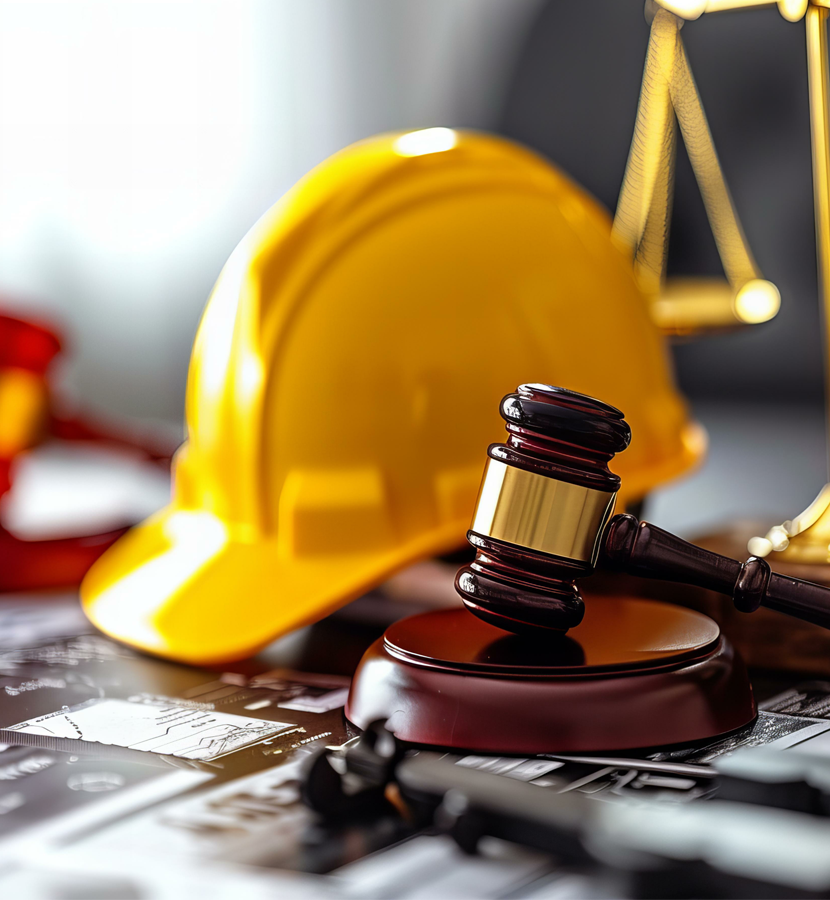 Construction helmet beside a judge’s gavel, symbolizing legal action for workplace injuries