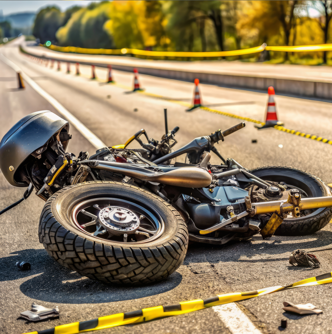 Wrecked motorcycle lying on the road after a serious accident